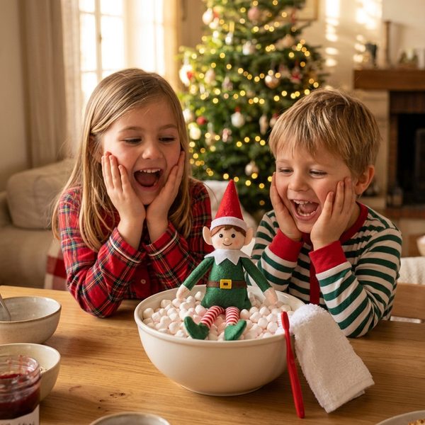 Les enfants découvrent le lutin dans son bain de chamallows