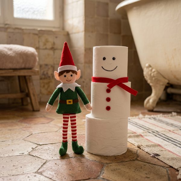 Le lutin et son bonhomme de neige en papier toilette