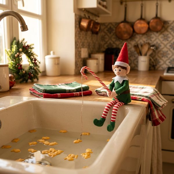 Le lutin pêche dans l’évier avec une canne en sucre d’orge